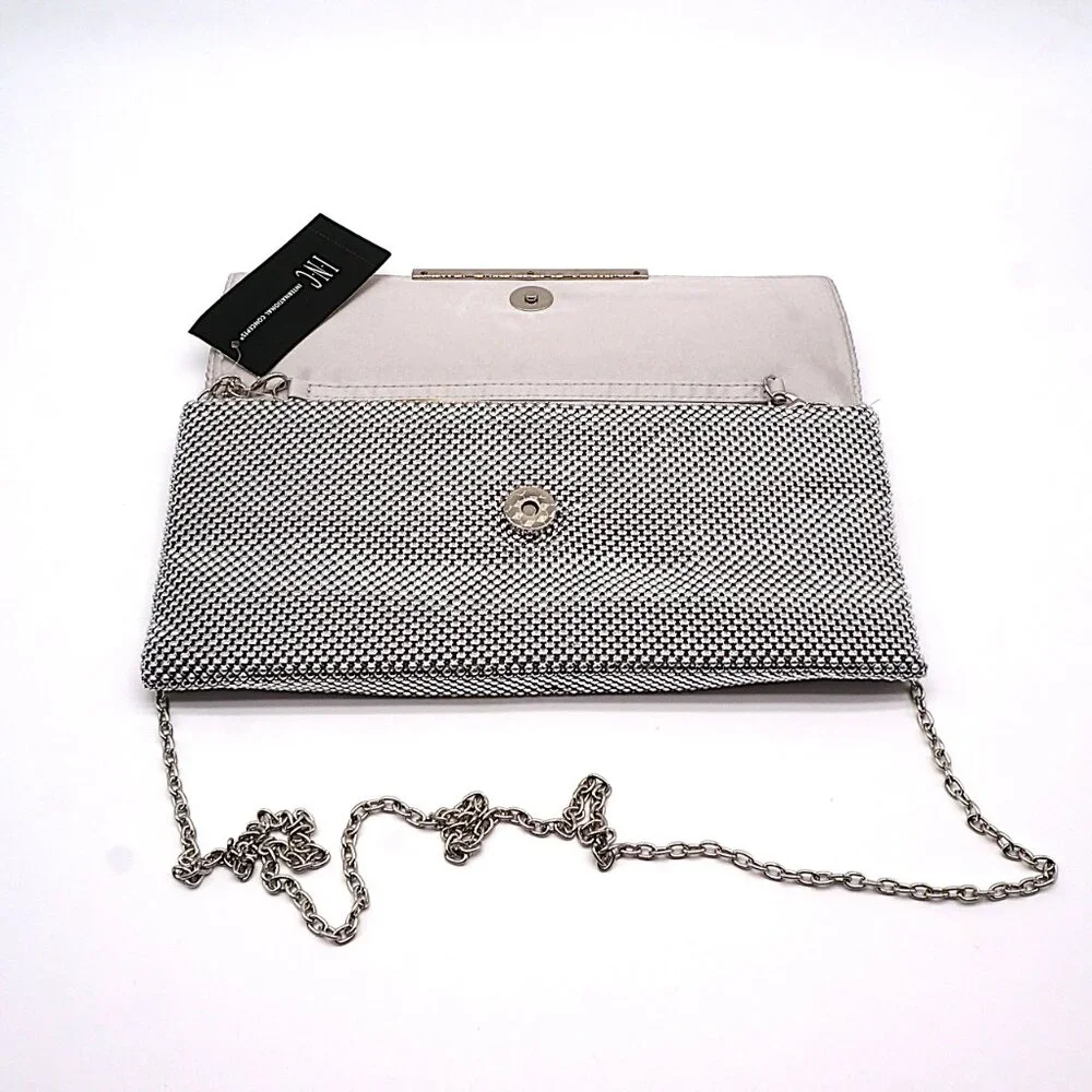 INC International Concepts HETHER‎ Silver Shiny Mesh Clutch NEW